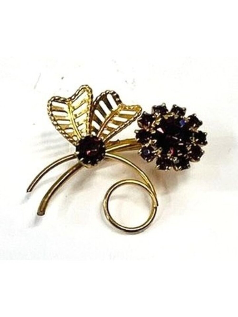 Vintage Gold Tone Amber Rhinestone Flower Brooch Pin Wire Mesh Bow Accent